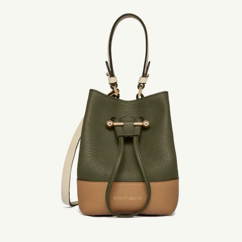 Strathberry Luxurious Bucket Bag Two Way Olive Tan and Cream - Picture 3 of 11